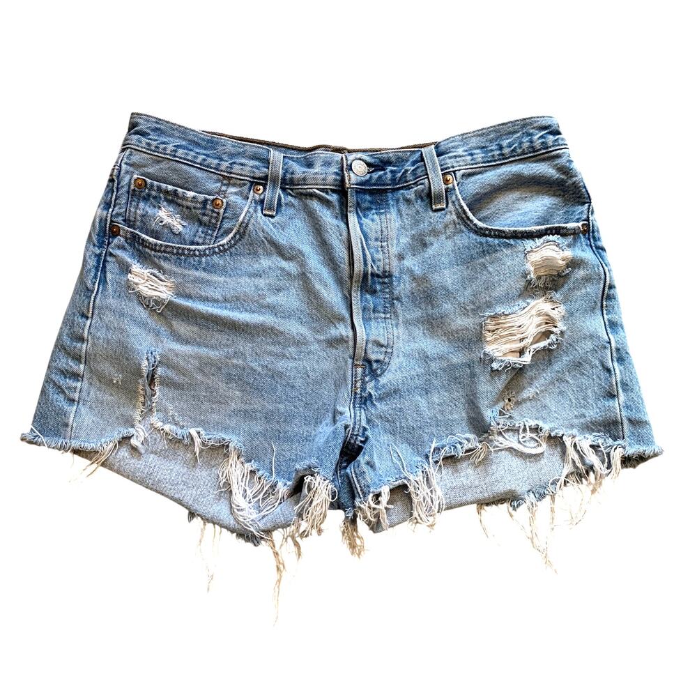 Levi's Light Wash Distressed 501 Button Fly High Waisted Cutoff Shorts